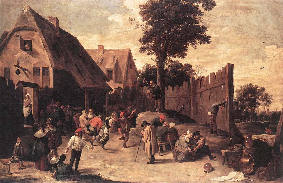peasants dancing outside an inn